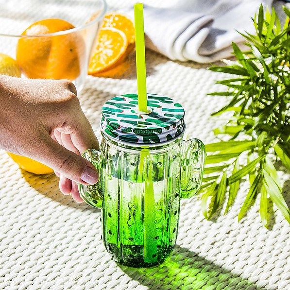 Słoik do koktajli i smoothie szklany ze słomką KAKTUS ZIELONY 400 ml