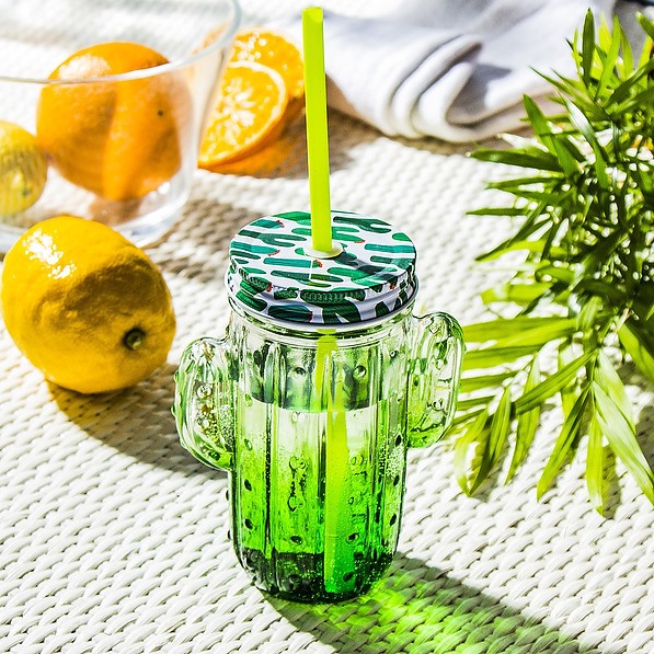 Słoik do koktajli i smoothie szklany ze słomką KAKTUS ZIELONY 400 ml