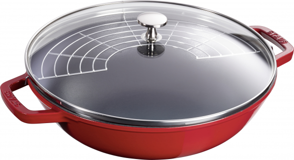 STAUB Cast 30 cm czerwona - patelnia / wok żeliwny z pokrywką