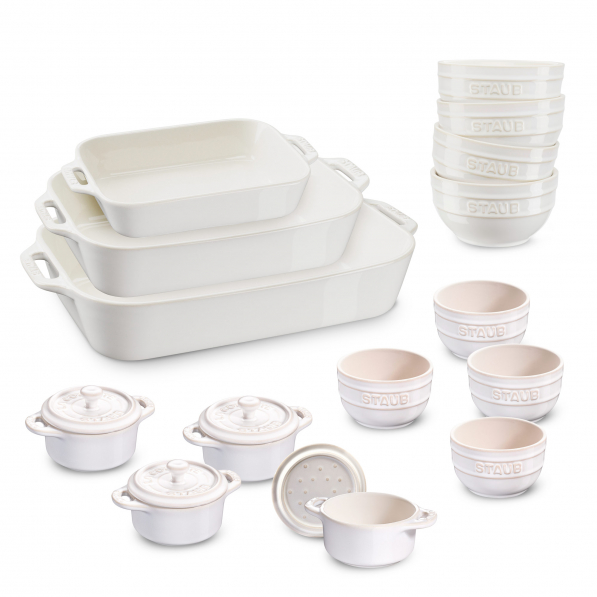 STAUB White 15 el. - naczynia żaroodporne do zapiekania ceramiczne z kokilkami i miskami