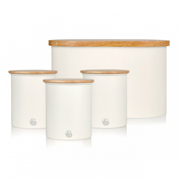 SWAN Nordic Cotton White kremowy - chlebak ze stali węglowej z deską do krojenia i pojemnikami