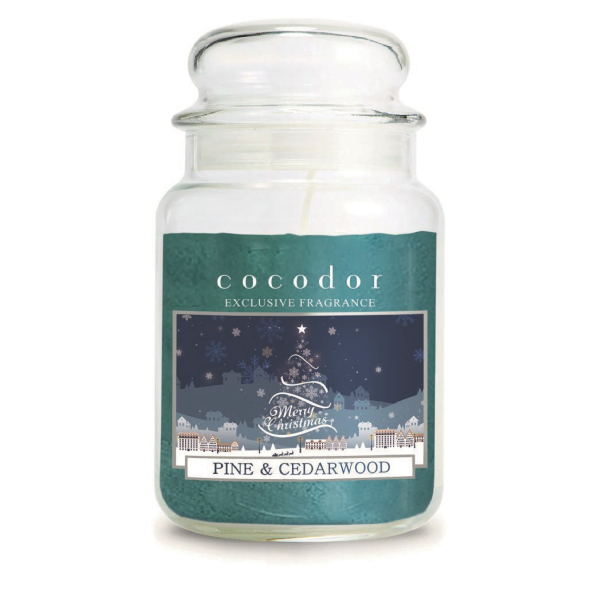Świeca zapachowa w szkle świąteczna COCODOR CHRISTMAS LEAVES PINE AND CEDARWOOD 550 g