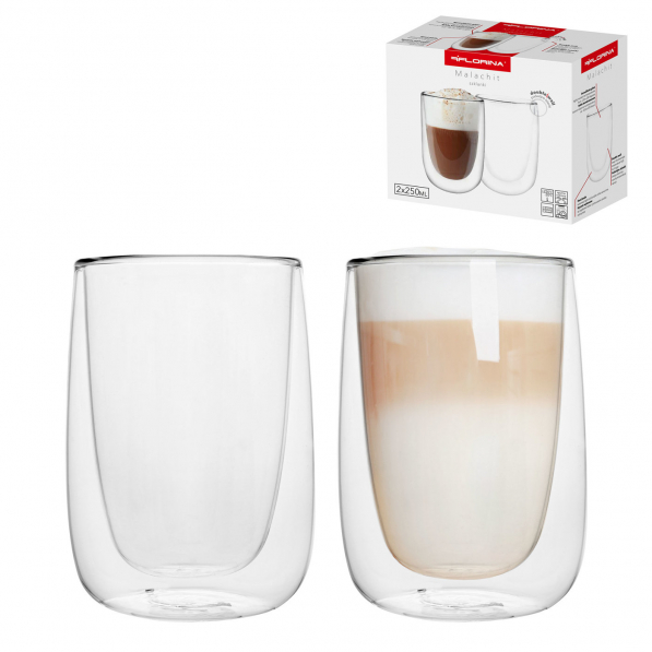 Szklanki do kawy i herbaty termiczne z podwójnymi ściankami szklane FLORINA MALACHIT 250 ml 2 szt.