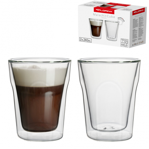 Szklanki do kawy i herbaty termiczne z podwójnymi ściankami szklane FLORINA MALACHIT CUBE 240 ml 2 szt.