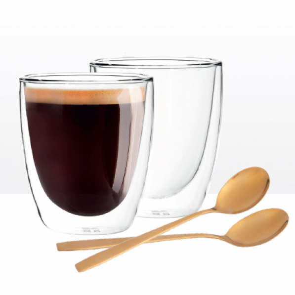 Szklanki do kawy i herbaty termiczne z podwójnymi ściankami szklane z łyżeczkami ANDREA 300 ml 2 szt.