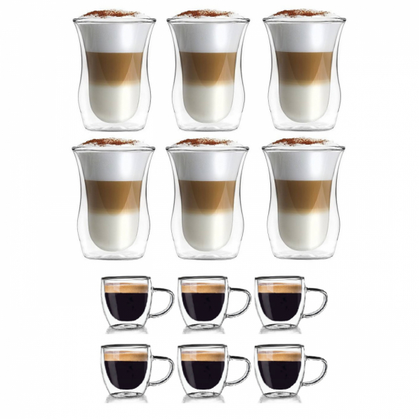 Szklanki do kawy i herbaty z filiżankami do espresso szklane z podwójnymi ściankami THERMAL 12 szt.