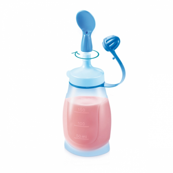 TESCOMA Papu Papi 0,2 l niebieska - butelka dla dzieci plastikowa z łyżeczką
