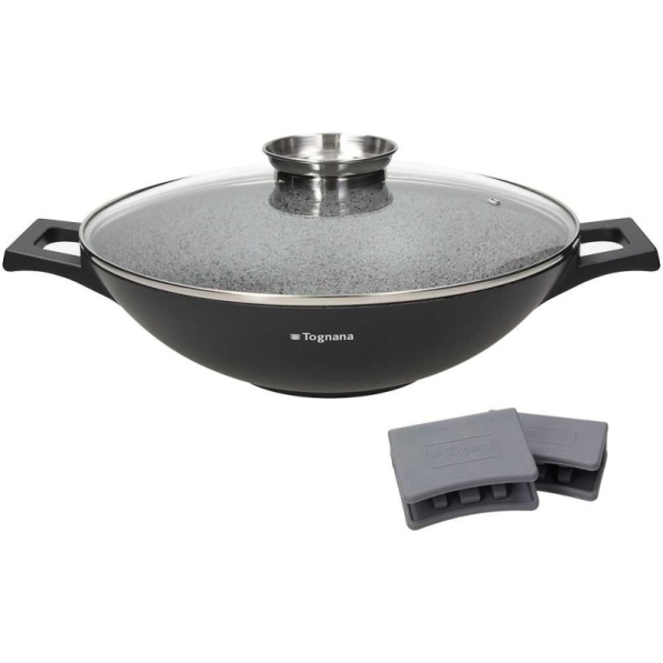 TOGNANA Big Family 32 cm - patelnia / wok granitowy nieprzywierający z pokrywką i nakładkami na uchwyty