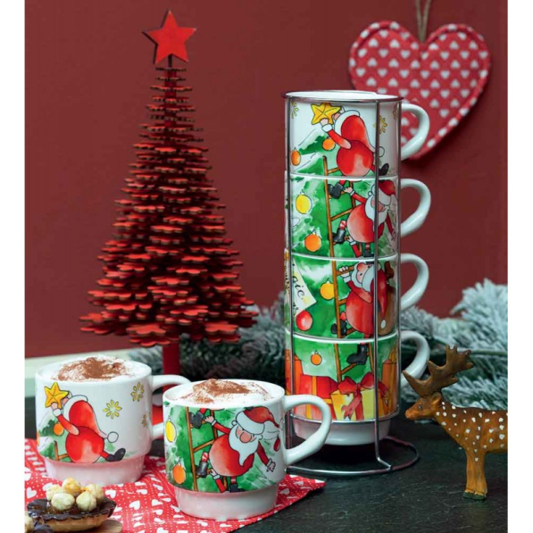 TOGNANA Santa Climb 320 ml 4 szt. - kubki świąteczne porcelanowe na stojaku