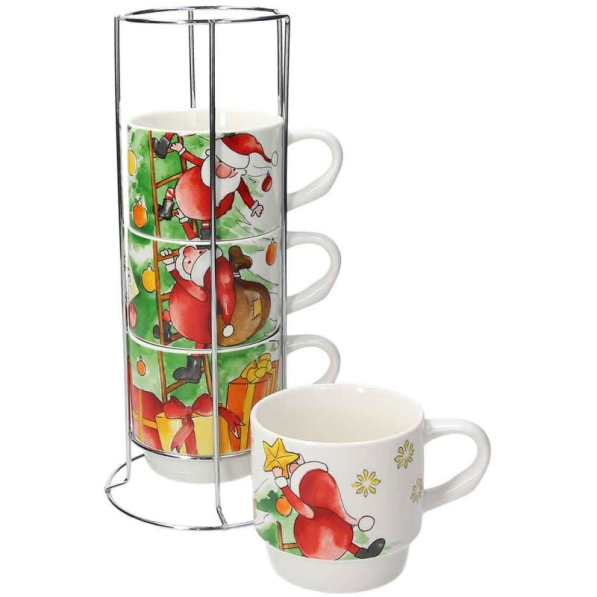 TOGNANA Santa Climb 320 ml 4 szt. - kubki świąteczne porcelanowe na stojaku