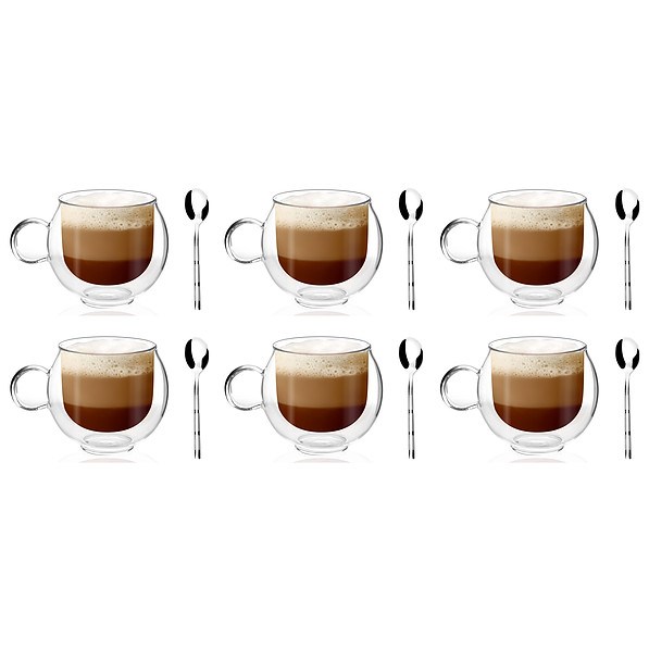 VIALLI DESIGN Amo Gama Big 220 ml 12 el. - filiżanki do kawy i herbaty szklane z podwójnymi ściankami i łyżeczkami 