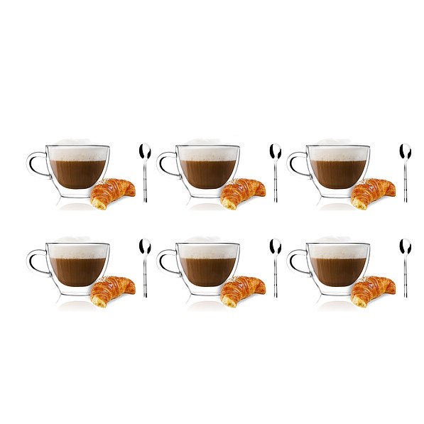 VIALLI DESIGN Amo Gama Duble 300 ml 12 el. - filiżanki do kawy i herbaty szklane z podwójnymi ściankami i łyżeczkami