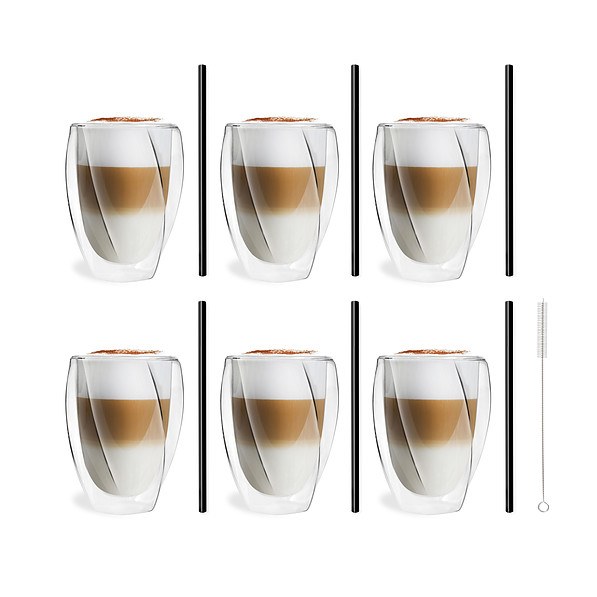 VIALLI DESIGN Cristallo Black Slim 300 ml 6 szt. - szklanki do kawy i herbaty szklane z podwójnymi ściankami i słomkami