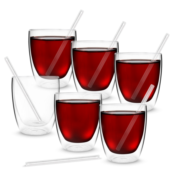 VIALLI DESIGN Vita Strato Mini 320 ml 6 szt. - szklanki do grzanego wina termiczne z podwójnymi ściankami ze słomkami