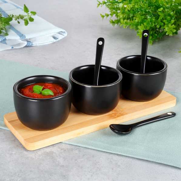 VILDE 2 szt. - miseczki do dipów i na przekąski 90 ml ceramiczne na podstawce z łyżeczkami