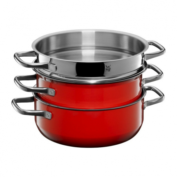 WMF Fusiontec Compact czerwony - zestaw 2 garnków ze stali nierdzewnej z pokrywką i wkładem do gotowania na parze