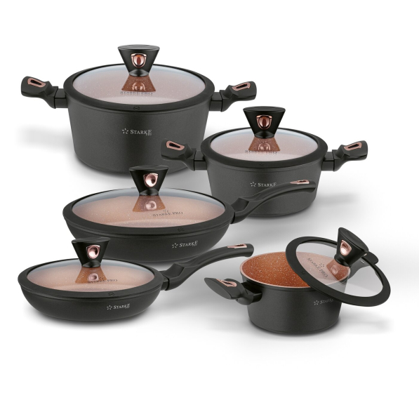 Zestaw 3 garnków marmurowych z pokrywkami i 2 patelni nieprzywierających STARKE PRO DARK COPPER