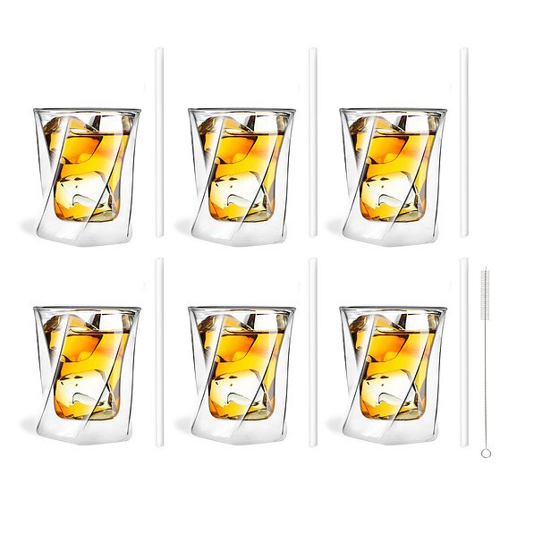 VIALLI DESIGN Cristallo 300 ml 6 szt. - szklanki do whisky termiczne z podwójnymi ściankami i słomkami szklane