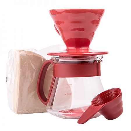 HARIO V60-01 Dripper And Pot 0,4 l czerwony - dripper do kawy ceramiczny z dzbankiem, filtrami i miarką