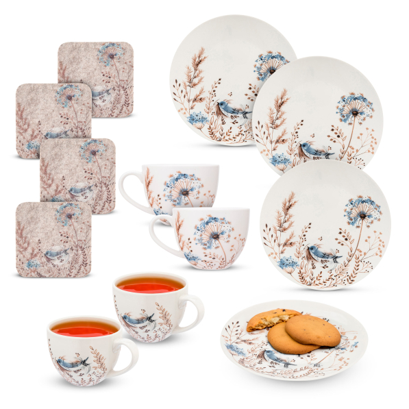 Zestaw filiżanek porcelanowych z talerzami deserowymi i podstawkami pod kubek SERENITY (12 el.)