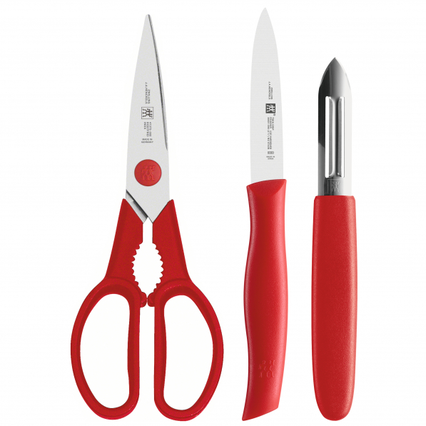 ZWILLING Twin Grip czerwony - nóż do obierania warzyw i owoców, obieraczka i nożyczki stalowe