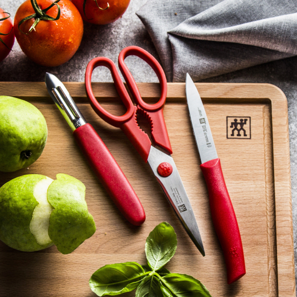 ZWILLING Twin Grip czerwony - nóż do obierania warzyw i owoców, obieraczka i nożyczki stalowe