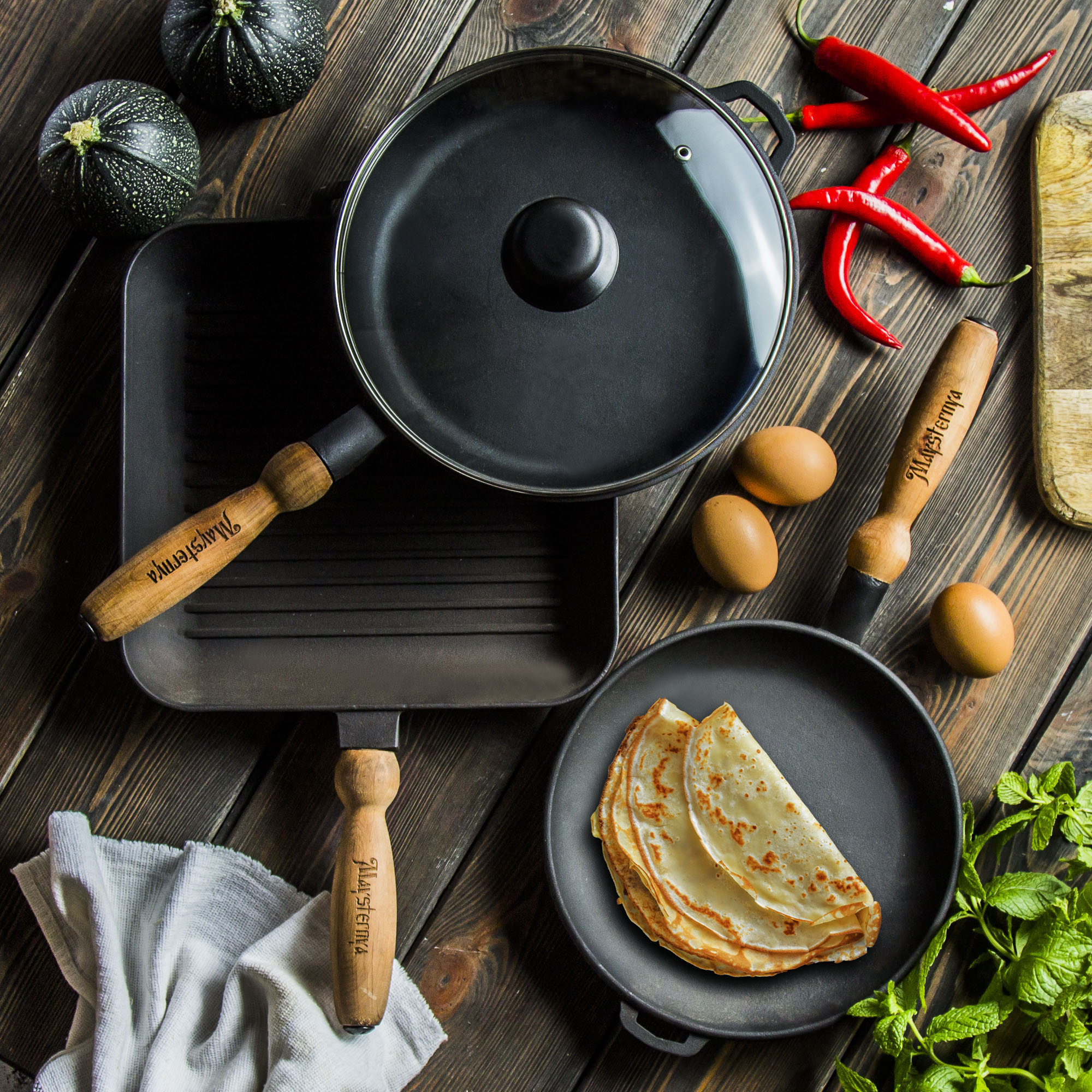 Maysternya Ukraine Cast Iron Pancake Pan Crepe Pan Fry Pan Skillet w/Wood  Handle